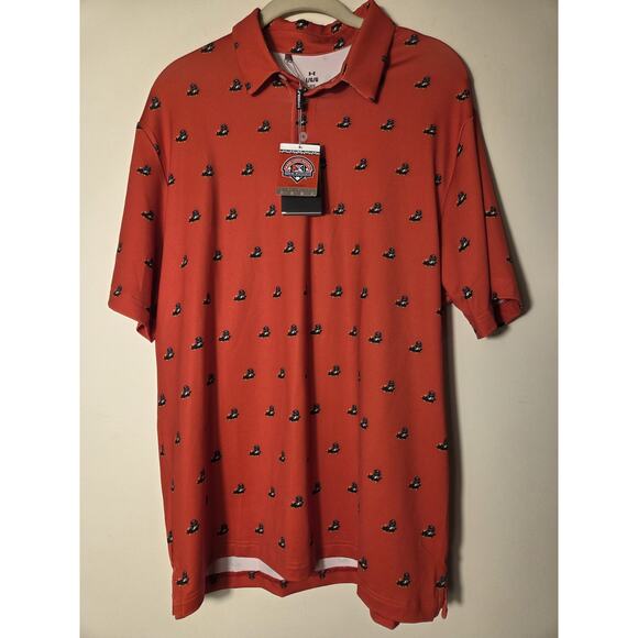 Under Armour Mens Size L Polo Amarillo Sod Poodles Red All Over Print New W Tags - Picture 1 of 10
